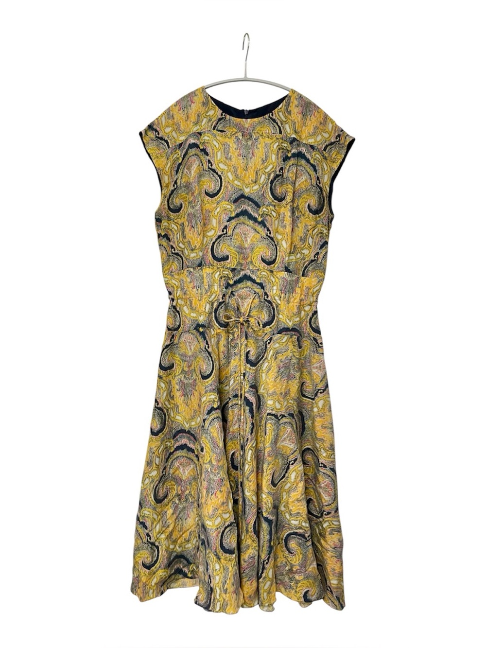 Lyn Devon Mustard Abstract Paisley Silk Midi Dress